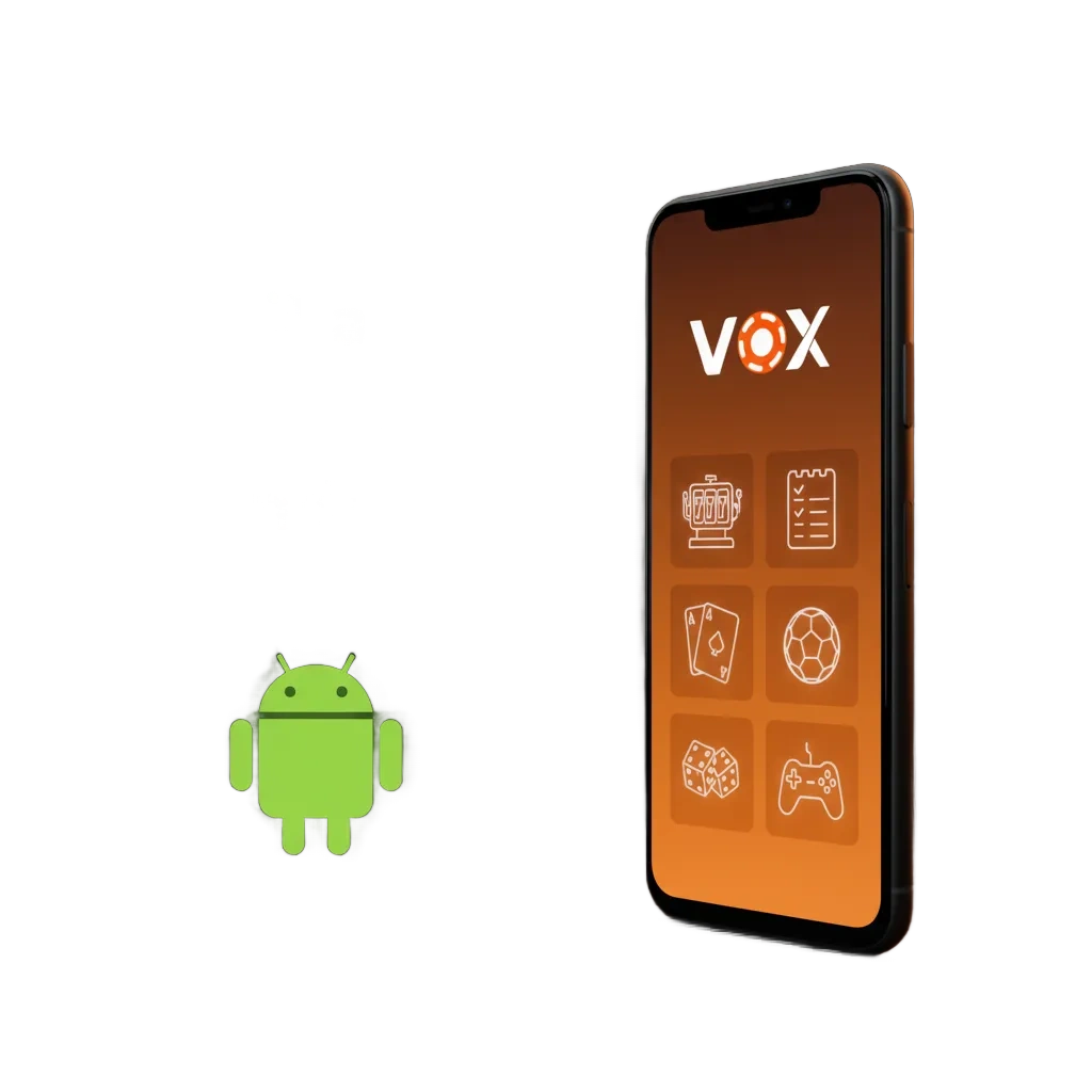 Aplikacja VOX na Androida: ekran smartfona z instalacją, slotami, kuponami i wypłatami mobilnymi.